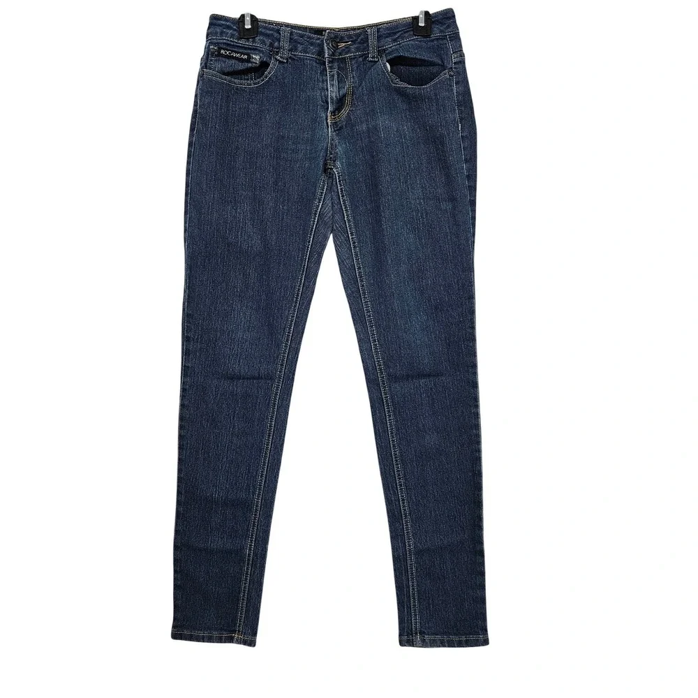 Rocawear Y2K Style Graffiti Pocket Skinny Jeans Dark Wash Stretch Womens 9 Denim - Picture 3 of 13